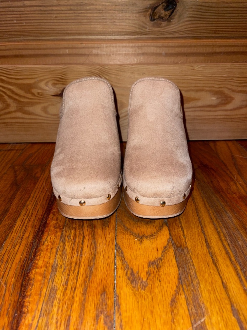 Women's Suede Beige Platform Wedge Clogs - Picture 2 of 4
